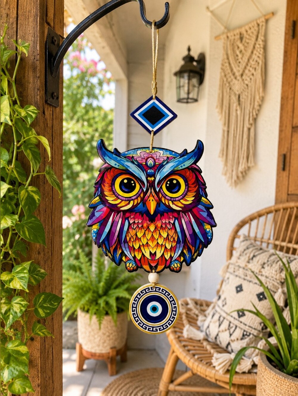 Artvibes Colorful Owl Evil Eye Wooden Hanging Wall Decor Boho Protection 9"